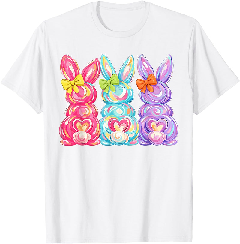 Easter Cute Bunny Coquette Bow Tie Dye Rabbit Women Girl Kid T-Shirt in White