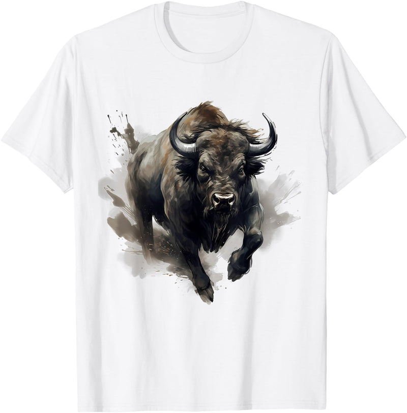 Safari Animal Art Buffalo Animal Print Splash Motif Bison Drawing Wildlife T-Shirt - White