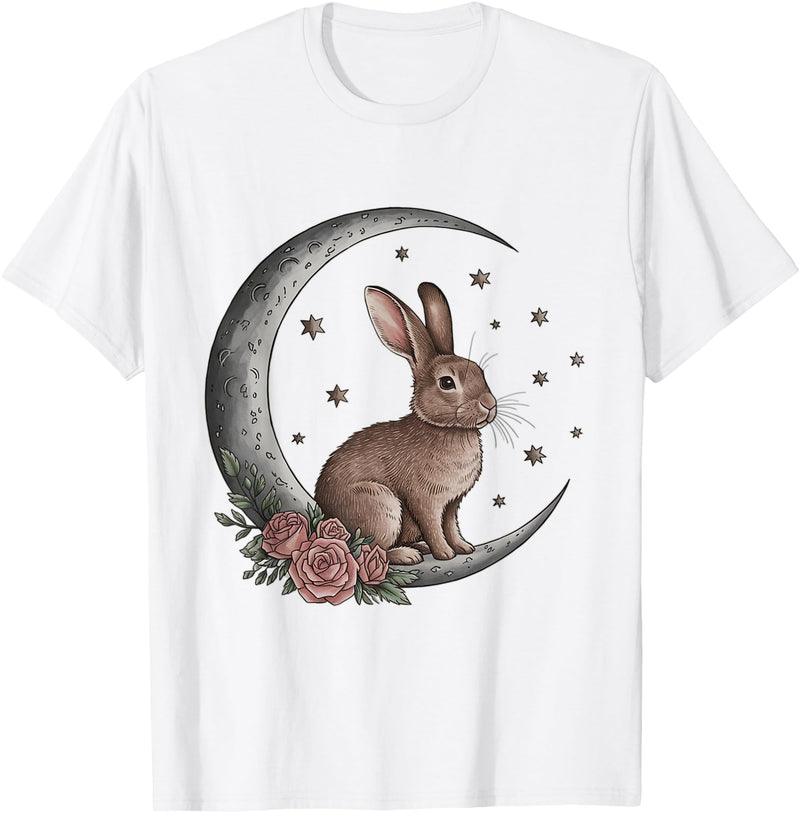 Vintage Bunny on the Moon Cute Goth Easter Rabbit T-Shirt in White