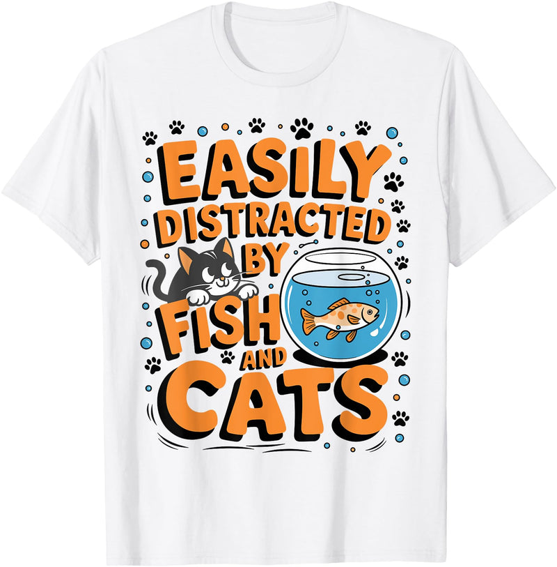 Easily distracted by Apparel Easily Distracted by Fish and Cats T-Shirt - White