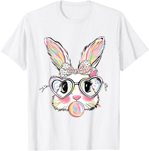 Cute Bunny Face Glasses Pink Bubble Gum Rabbit Happy Easter T-Shirt in White