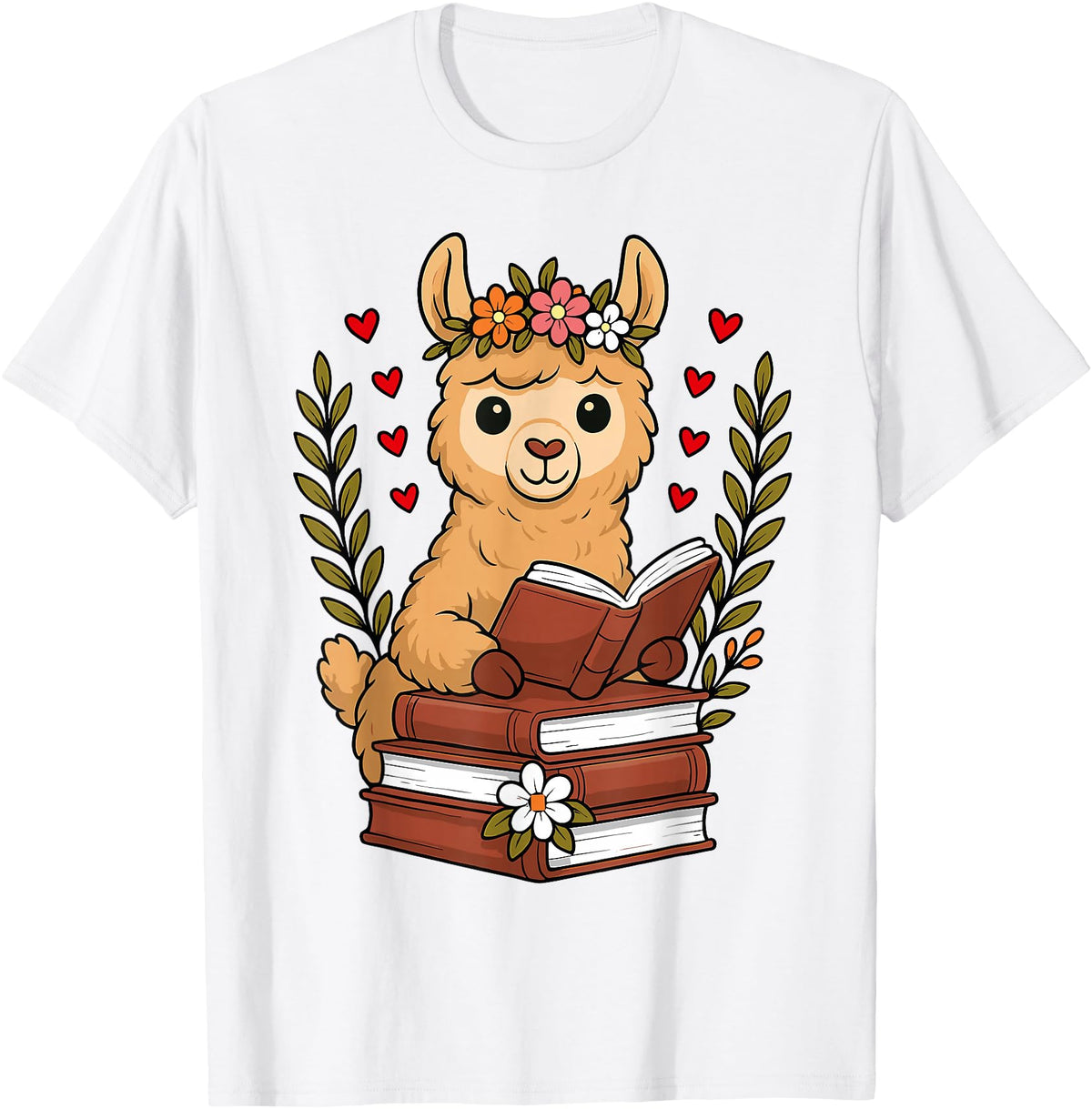 Bookworm Cute Llama Reading Book Llama Reading Book Graphic Llama with Book Floral T-Shirt - White