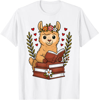 Bookworm Cute Llama Reading Book Llama Reading Book Graphic Llama with Book Floral T-Shirt - White