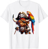 Funny Pirate Highland Cow Apparel Pirate Highland Cow with Colorful Parrot T-Shirt - White