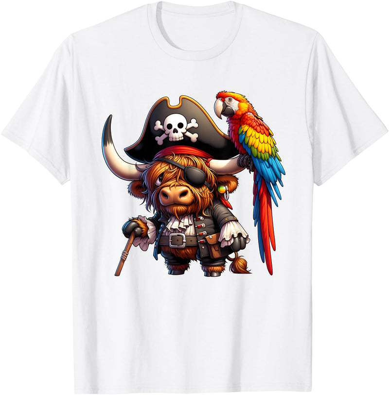 Funny Pirate Highland Cow Apparel Pirate Highland Cow with Colorful Parrot T-Shirt - White