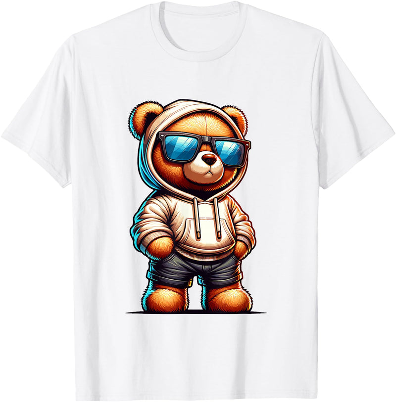 Rappers Aesthetic Urban Teddy Bear Graphic Hip Hop Teddy Bear Graphic Bears Cool Hip Hop Streetwear Colorful T-Shirt - White