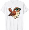 Chipper Feather Co Bird: Sparrow in Sunglasses, Cool Cartoon Avian Attitude T-Shirt - White