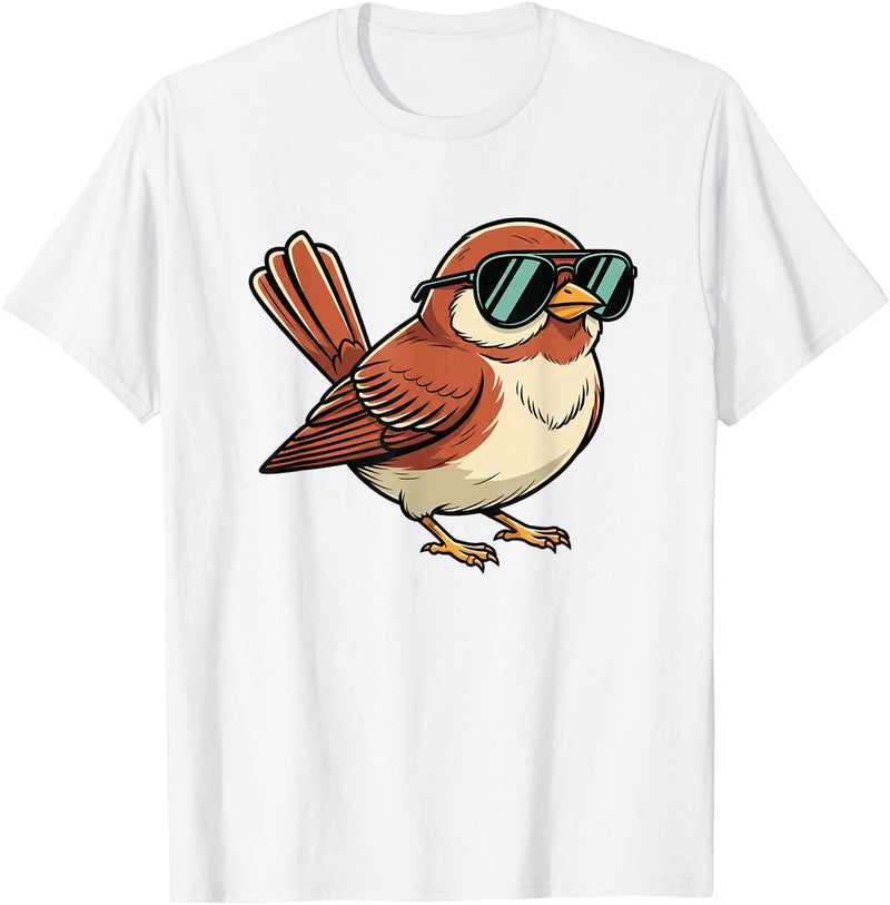 Chipper Feather Co Bird: Sparrow in Sunglasses, Cool Cartoon Avian Attitude T-Shirt - White