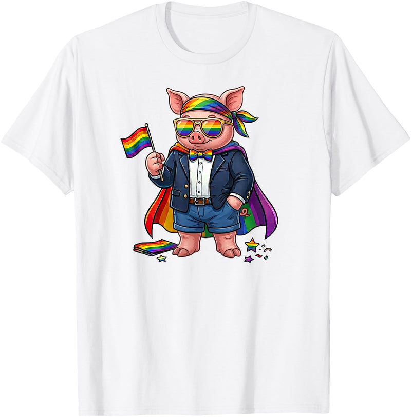 LGBTQ Pig Lovers Costume for Boy Girl Funny Pig LGBT Rainbow Lesbian Gay Pride Women Men T-Shirt - White
