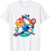Funny Cute Animals Playing Tennis Apparel Llama Playing Tennis in Front of a Sunset T-Shirt - White