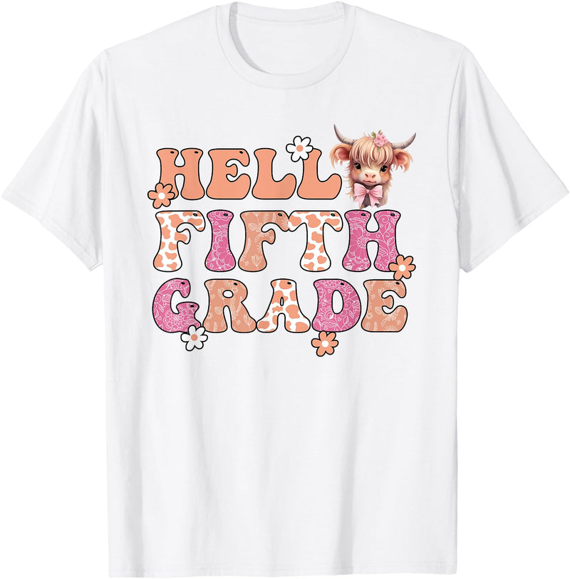 Highland Cow Print First Day of Fifth Grade Tees Hello Fifth Grade Highland Cow Back To School 5th Grade T-Shirt - White