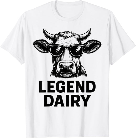 Minted Fresh Tees Legend Dairy Cool Cow Sunglasses Funny Farming Cow Pun T-Shirt - White
