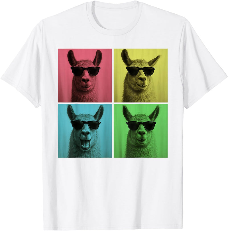 Retro Cute Llama Portrait with Sunglasses Llama Funny Pop Art Llama Lover Photo Booth T-Shirt - White