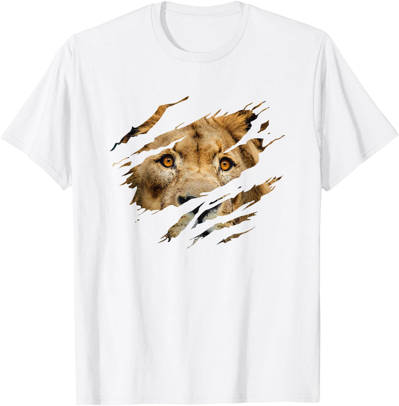 Lion Graphic - Wild Animal Lover Design Lion Outfit - Torn Design Picture Of A Lion's Face T-Shirt - White
