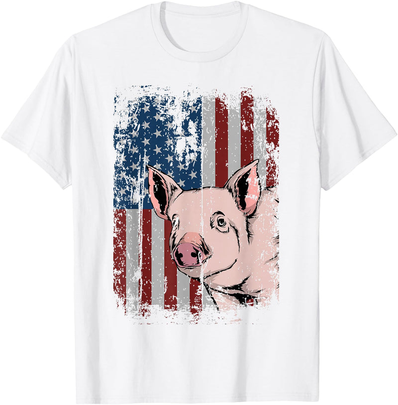 Proud USA Pig Farmer Apparel Gift Idea Pig American USA Flag Patriotic Pig Farm Gift T-Shirt - White