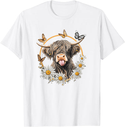 Cute Scottish Highland Cow with Sunflower Daisies T-Shirt