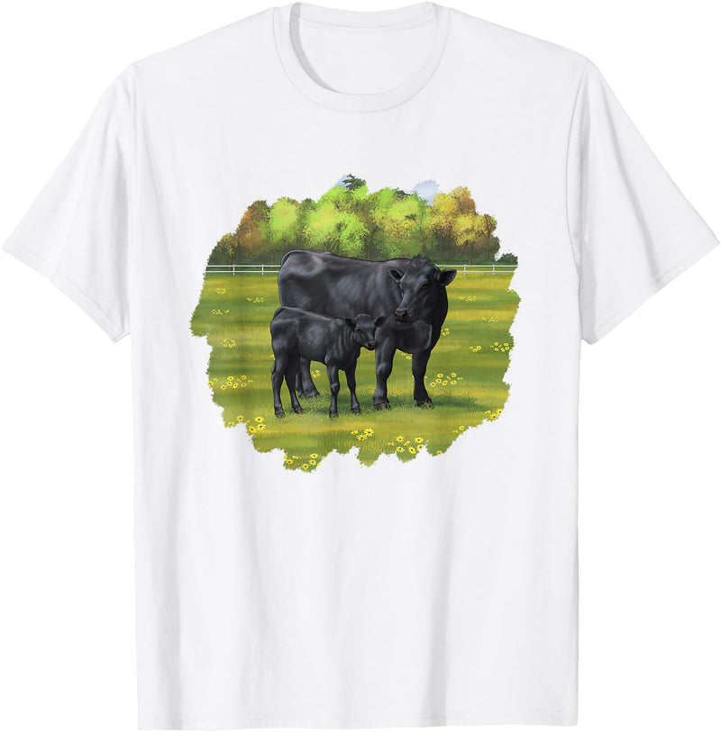 Farm Animal Art by CSForest Black Angus Cow & Cute Calf Farm Animals T-Shirt - White