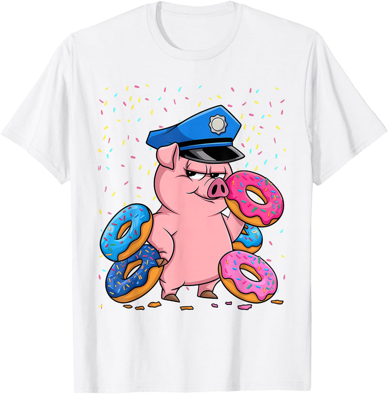 Pig Lover Gift Co. | Unisex Pig Cop Police Officer Doughnut T-Shirt - Black, Small, Short Sleeve - White