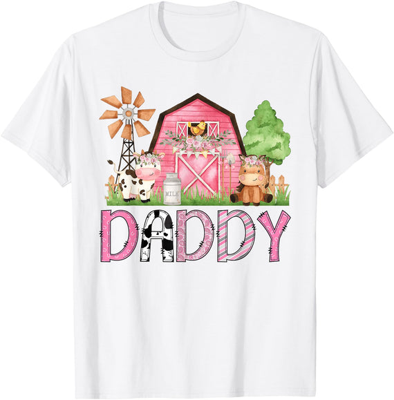 Pink Farm Cow Gender Reveal Party Daddy Pink Farm Animal Birthday Kids Matching Family T-Shirt - White