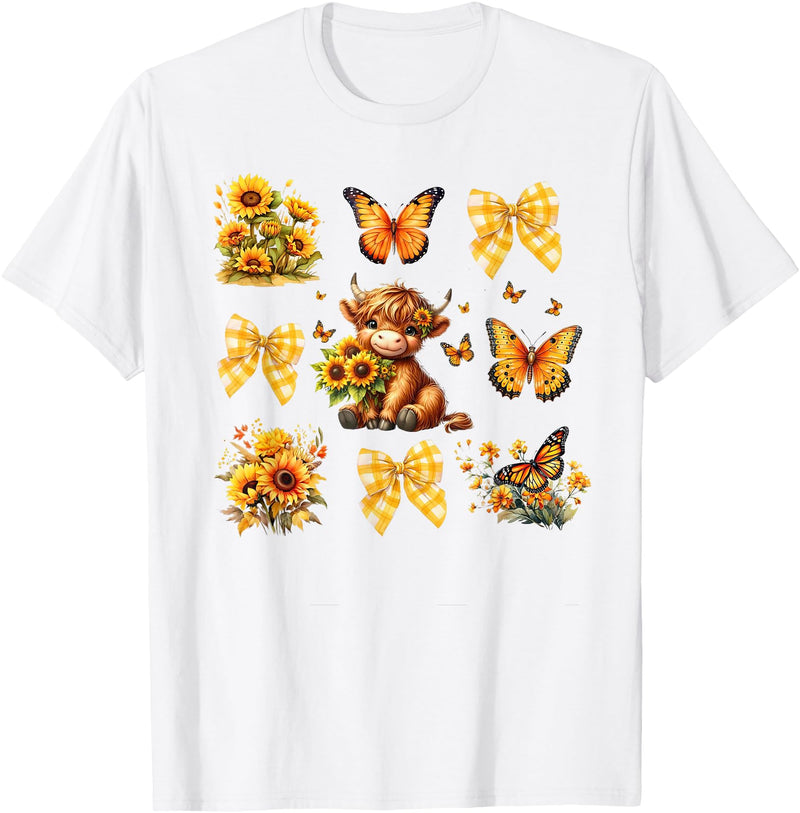 Coquette Bow Scottish Highland Cow Sunflower Shirt Baby Highland Cow With Sunflower Butterflies Farm Western T-Shirt - White