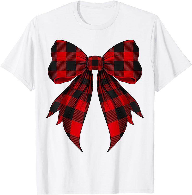 Buffalo Tartan Coquette Aesthetic Women Gifts Coquette Bow Red Black Buffalo Tartan Checkered Plaid T-Shirt - White