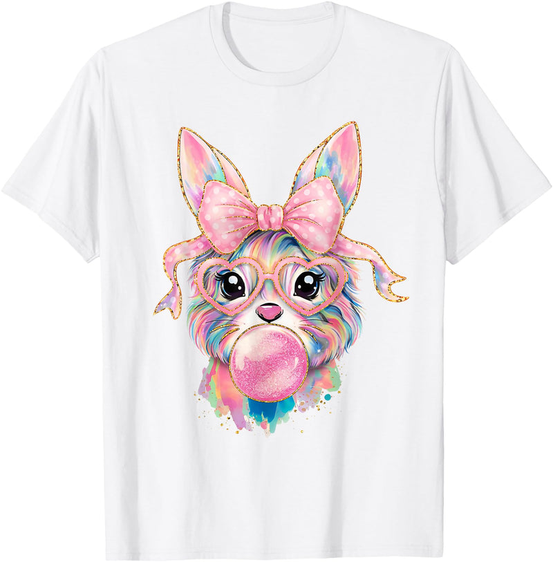 Funny Bunny Face Glasses Rabbit Coquette Bow Easter Trendy T-Shirt in White