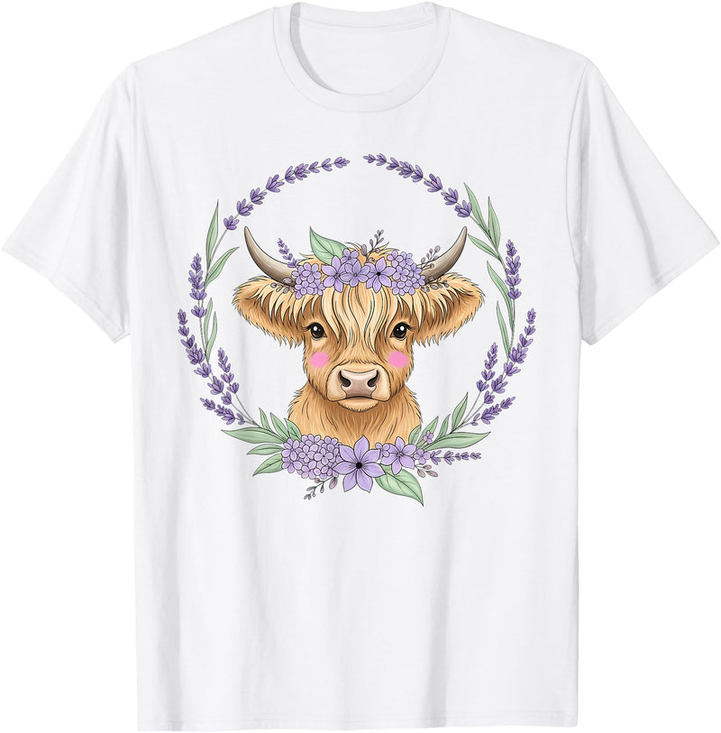 Unique Highland Cow Gifts Girls Cute Baby Highland Cow Design Purple Flowers Farm Toddler T-Shirt - White
