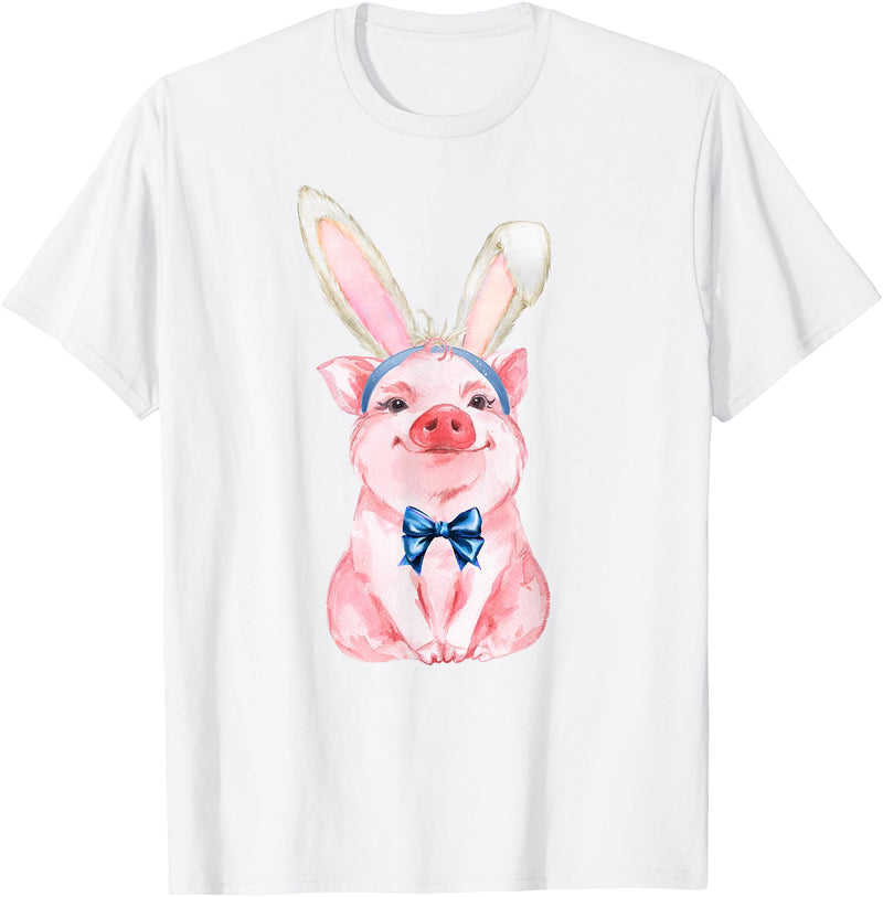 Dibble Dabble Easter Designs Adorable Easter Pig with Easter Bunny Ears - Easter Pig T-Shirt - White