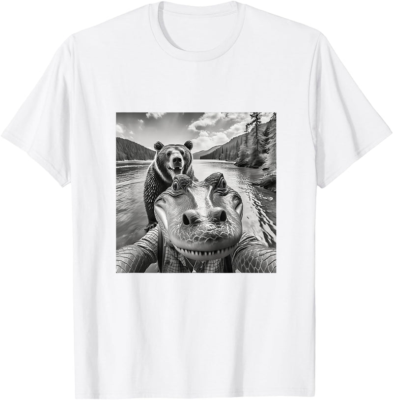 A1a Life Funny Graphic Tee Alligator Selfie with Bear in Woods Weird T-Shirt - White