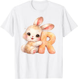 Letter R Rabbit Watercolor Cute Baby Animal Alphabet Initial T-Shirt in White