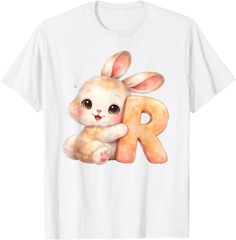 Letter R Rabbit Watercolor Cute Baby Animal Alphabet Initial T-Shirt in White