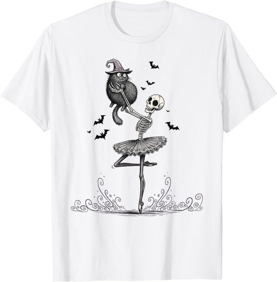 Ballet Skeleton with Witch Cat Halloween Vibes Skeleton Ballerina with Witch Cat Halloween Dance Fun T-Shirt - White