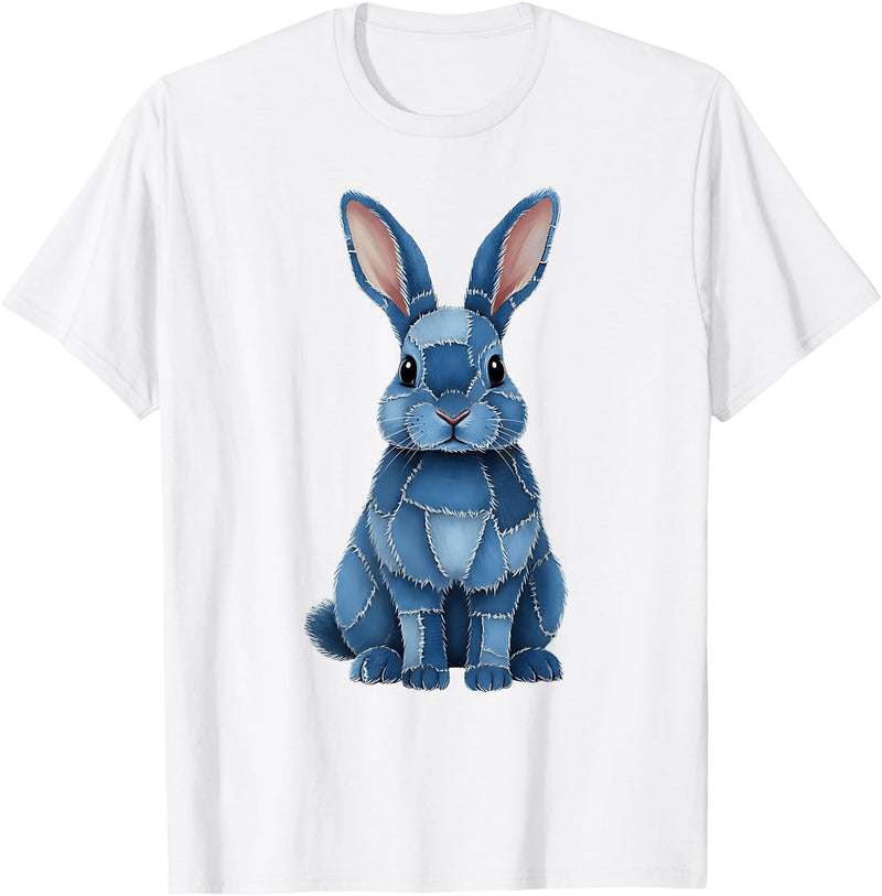 Funny Rabbit Bunny Easter Blue Denim Patchwork Style Animal T-Shirt in White