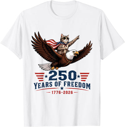 Cats Lovers 250th Anniversary USA Patriotic 250th Anniversary USA 4th of July 1776-2026 Cat Riding Eagle T-Shirt