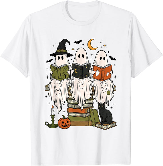 Cute Ghost Reading Books Spooky Halloween Tees Cute Spooky Ghost Reading Books Vintage Halloween Book Lover T-Shirt - White
