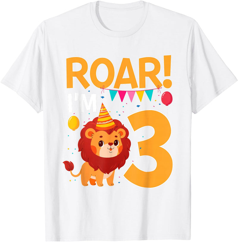 Lion 3rd Birthday Gift Roar I'm 3 Birthday Lion Theme 3 Year Old Lion Lover T-Shirt - White