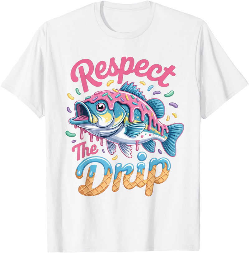 Fishermen Gifts Little Girls Boys Respect The Drip Fishing Boys Girls Fish Youth Bass Kids T-Shirt - White