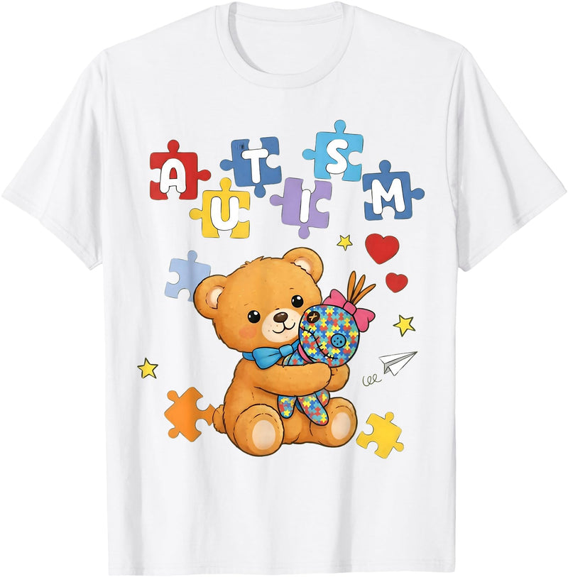Cute Autism Awareness Puzzle Cute Autism Awareness Bear Colorful Puzzle T-Shirt - White