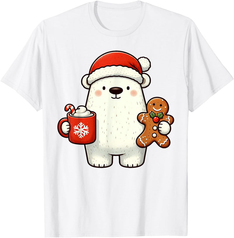 Cute Polar Bear Beanie Christmas Kawaii Japanese Polar Bear Santa Hat Christmas Holiday Xmas Coffee Cookies T-Shirt - White