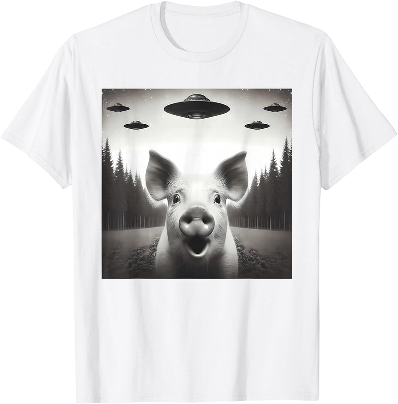Funny Pig Selfie With UFOs Funny Pig Selfie UFO Alien Humor Vintage Print Art Design T-Shirt - White