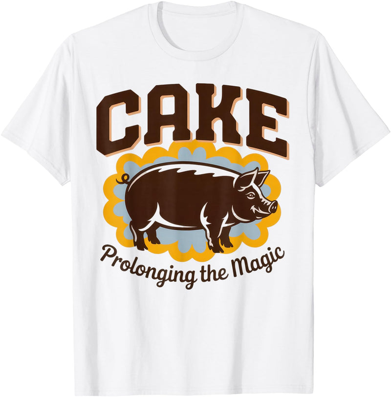 Irony Barn Club for Alt Music and Dry Humor Fans Cake Prolonging the Magic Funny Retro Pig Expression Vibes T-Shirt - White