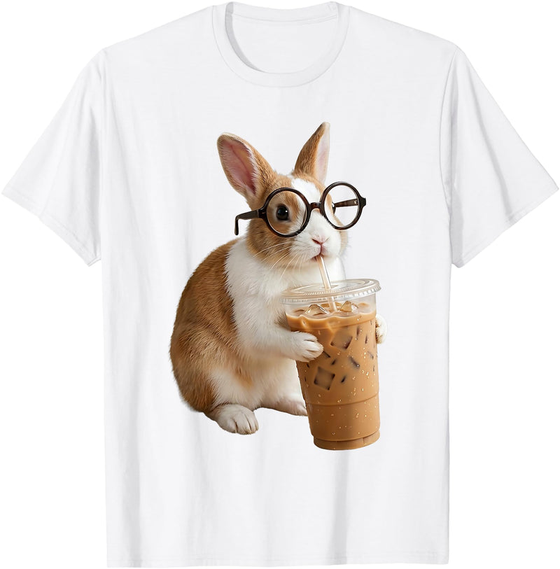 Funny Easter Bunny Drinking Iced Coffee Cute Rabbit Lovers T-Shirt in White