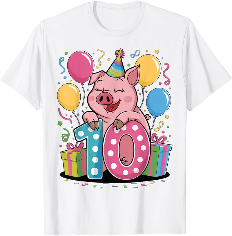 10th Girls, Boys Pig 10 Birthday Pig 10th birthday for boy girl 10 years old tenth ten Pig T-Shirt - White