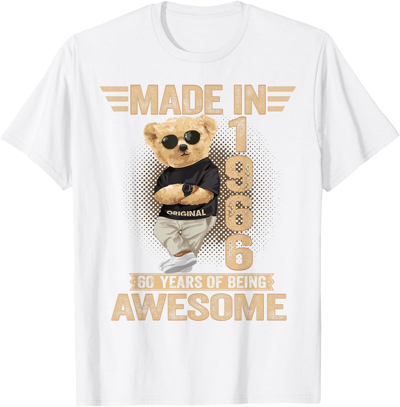 Vintage 60th Birthday 2026 Gifts Men Women 1966 60 Year Old Made in 1966 Teddy Bear 60th Birthday Men Women T-Shirt - White