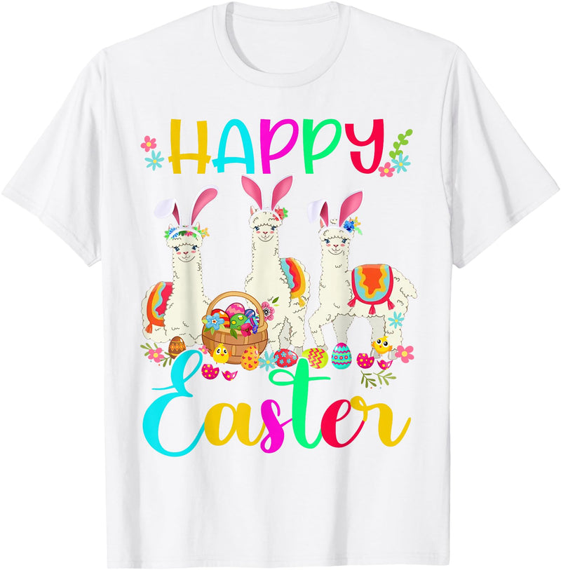 Happy Easter Three Llama Wearing Bunny Ear Happy Easter Llama Lover Three Llama Wearing Bunny Ear T-Shirt - White