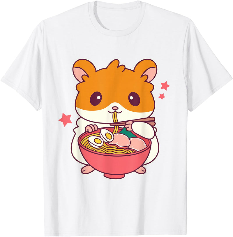 Cute Hamster Eating Ramen Hamster Lovers T-Shirt - White