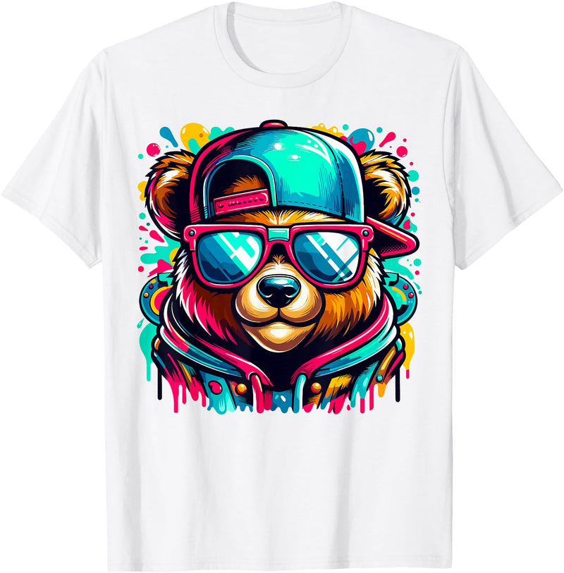 Funny Teddy Bear Lovers Colorful Hip Hop Teddy Bear Sunglasses Rap Music T-Shirt - White