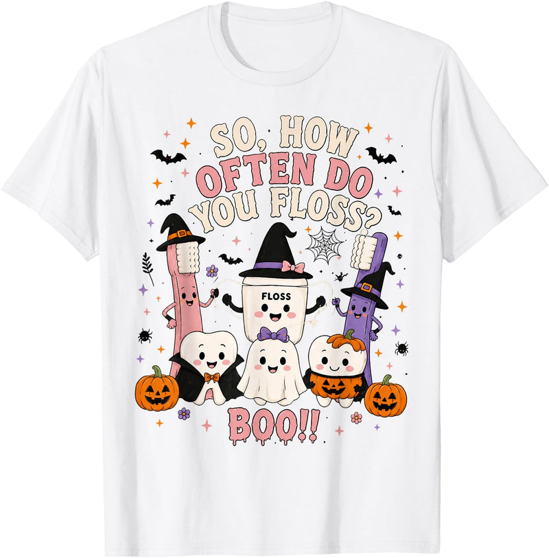 Funny Dental Dentist Halloween Tees How Often Do You Floss Funny Halloween Dentist Dental T-Shirt - White