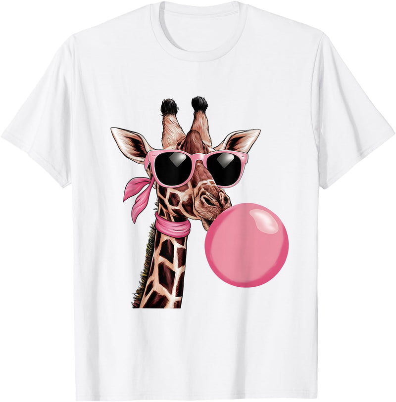 Funny Giraffe Lover Design Outfit Funny Cute Giraffe Pink Bubble Gum and Pink Sunglasses T-Shirt - White
