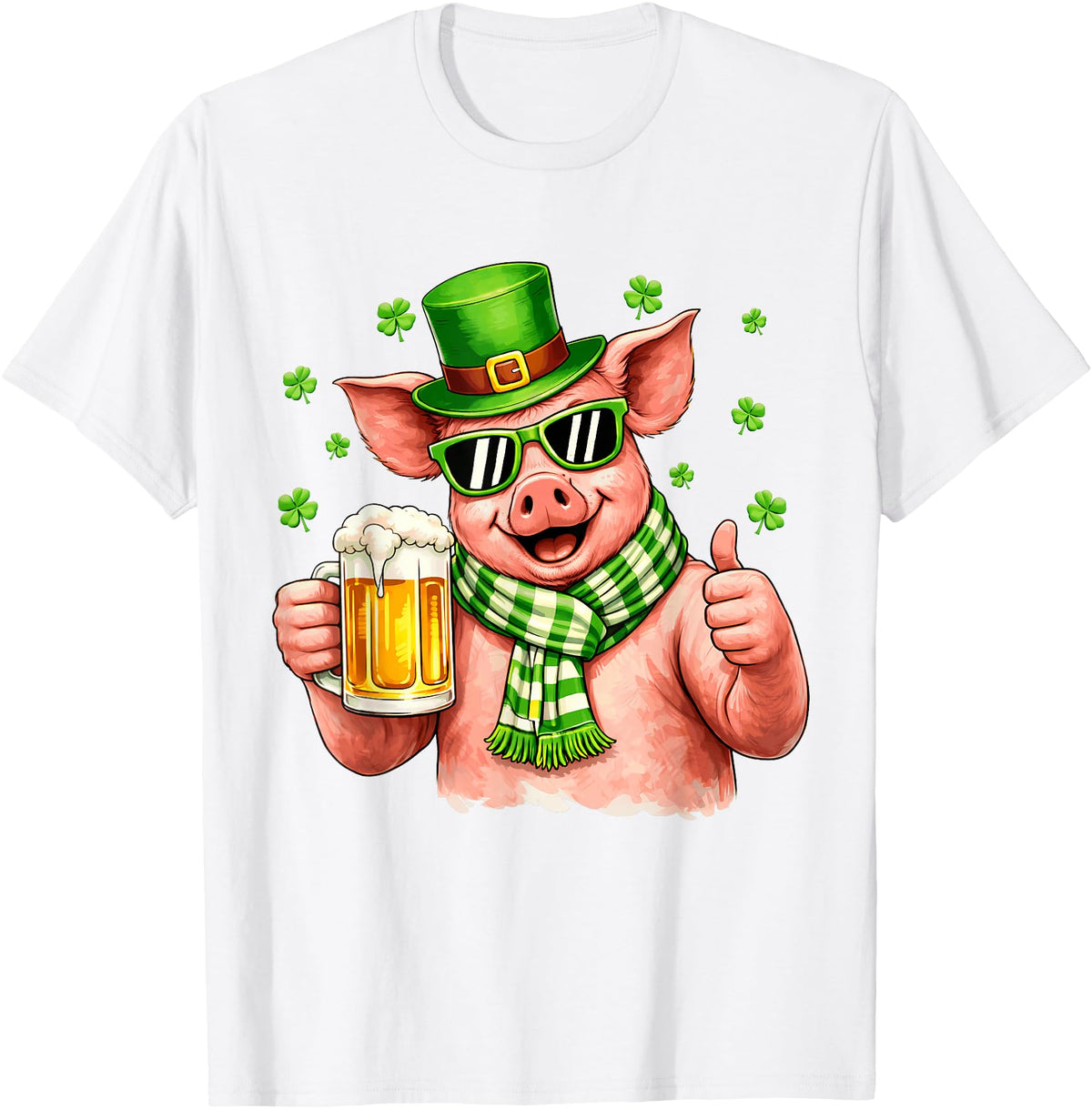 Amt Pig & Drinking Beer Lovers Saint Patrick's Day Funny Pig Drinking Beer Leprechaun Shamrocks St Patricks Day T-Shirt - White